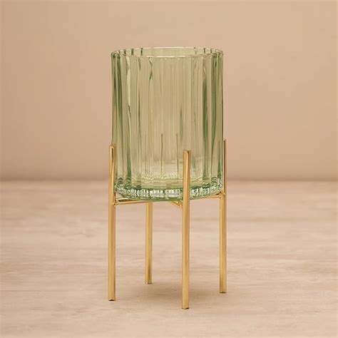 Buy Pure Home + Living Green Ribbed Glass Hurricane with Metal Stand ...