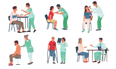Doctor and patient cartoon scenes of examination people in hospital medical workers checking ...