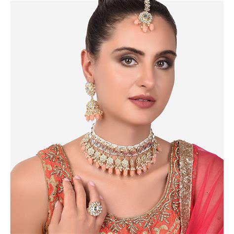 Buy Zaveri Pearls Peach Kundan & Pearls Choker Necklace Earring ...