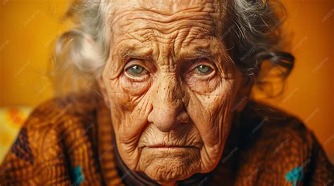 Closeup portrait of an old woman with a very wrinkled face and green ...