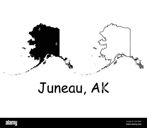 Juneau Alaska AK state Map USA with Capital Star. Black silhouette and outline isolated maps on ...