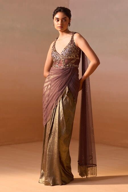 Buy Brown Net, Silk Satin Sequins Halter Neck Encrusted Draped Saree ...