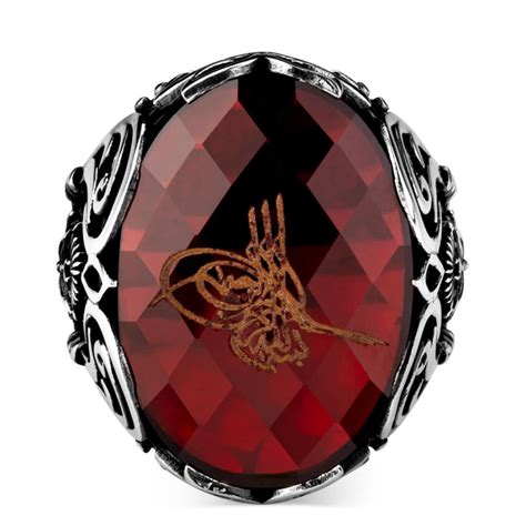 Silver Mens Ottoman Tughra Ring with Red Zircon Stone