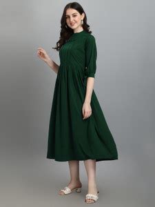 Prime Mart Women Fit and Flare Green Below Knee Dress - Buy Prime Mart ...