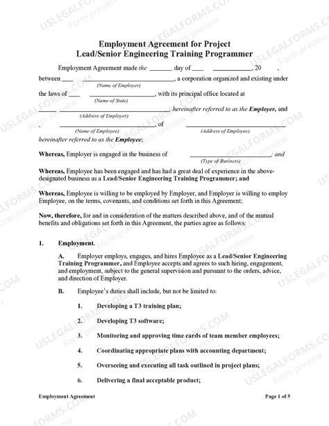 Montana Employment Agreement for Project Lead Senior Engineering ...