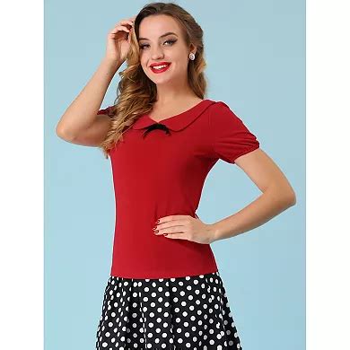 Women's Bow Neck Solid Short Sleeve Peter Pan Collar Blouse