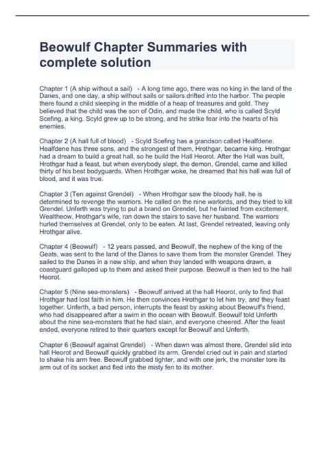 Beowulf Chapter Summaries with complete solution - Beowulf - Stuvia US