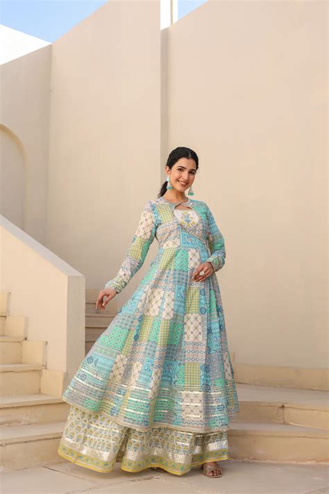 Sea Green Printed Angrakha Suit Set – ZoloLabel