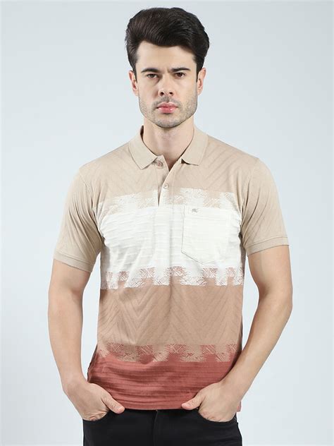 Buy Men Beige Stripe Collar Half Sleeve T-Shirt Online in India - Monte ...