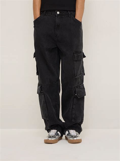 Buy Nuon Charcoal Cargo-Style Relaxed - Fit Mid - Rise Jeans from Westside