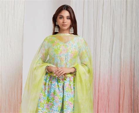 Blue Green Printed Cotton Sharara Suit with Organza Dupatta - Set of 3