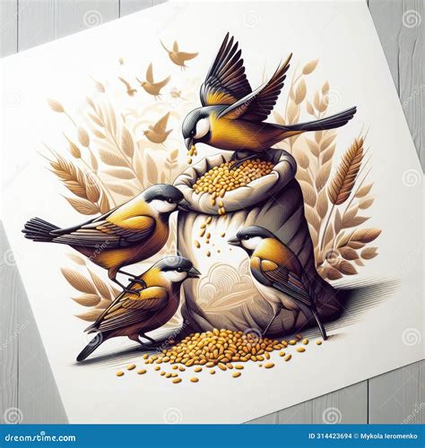 A Postcard Depicting Birds Eating Grain from a Bag. Stock Illustration - Illustration of seeds ...