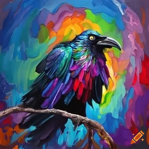Rainbow colored raven oil painting on Craiyon