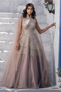 Buy Grey Tulle, Duchess Satin High Neck Sequinned Flared Gown For Women ...