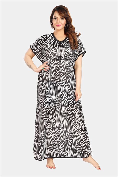 Fabme Women's Black Printed Satin Full Length EveryDay Night Dress Nig