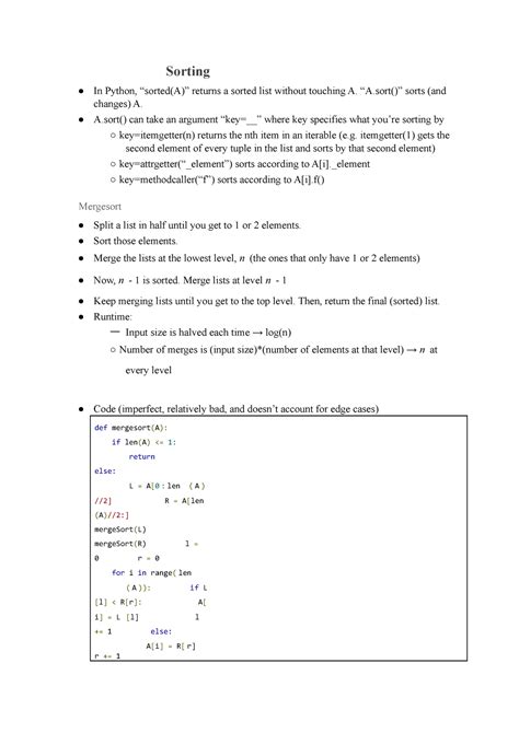 Sorting Lecture Notes - Sorting In Python, “sorted(A)” returns a sorted ...