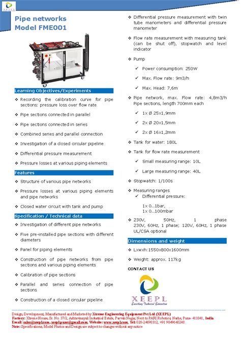 FME 001 Pipe Networks - lab requirement - Pipe networks Model FME ...