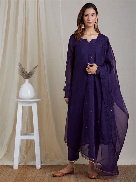 Purple Hand Embroidered Chanderi Suit with Organza Dupatta- Set of 3