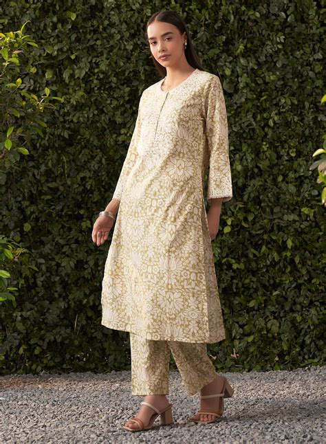 Lyra Light Green Printed Cotton Linen Kurta Set for Women – Lakshita
