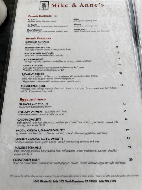 Menu at Mike & Anne's restaurant, South Pasadena