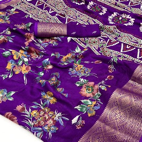 Violet Floral Printed Dola Silk Saree With Zari Border