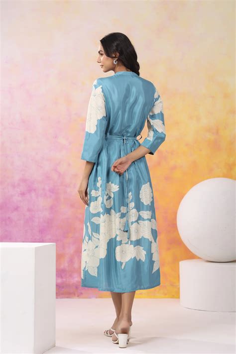 Aqua Blue Base With Cream Color Bold Flower Motif Midi Dress – Kaftanize
