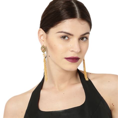 Buy Zaveri Pearls Antique Gold Tone Fringe Chain Dangle Earring ...