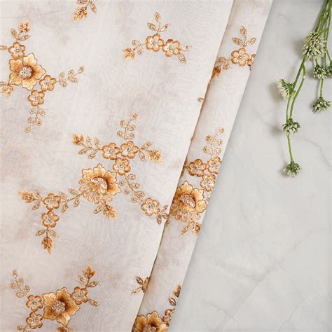 Buy Off White Color Embroidered Pure Chanderi Fabric 74094-18/1 | FFAB