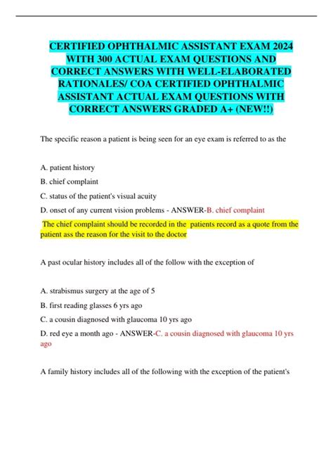 CERTIFIED OPHTHALMIC ASSISTANT EXAM 2024 WITH 300 ACTUAL EXAM QUESTIONS ...