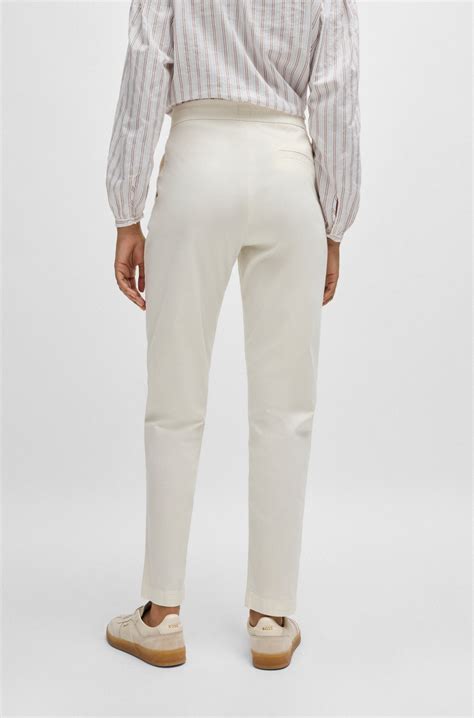 BOSS - Stretch-cotton trousers with drawcord waist - White