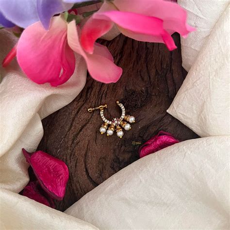 Premium Red White Floral AD Stone Nath / Nose pin-Pearl-G13864 ...