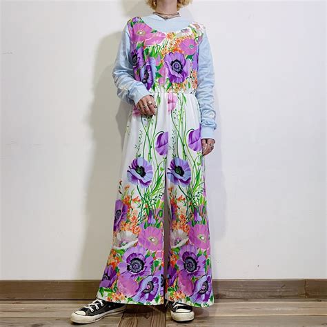 70s flower printed sleeveless wide jump suits | LEMON
