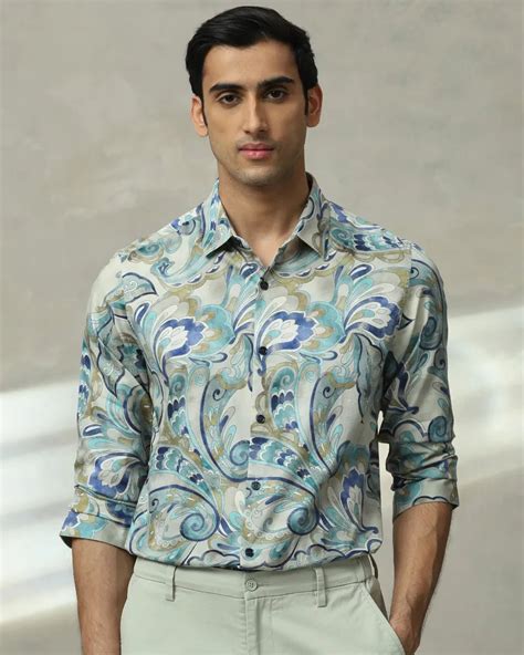 Teal Blue Floral Digital Printed Cotton Slim Fit Shirt – South India ...