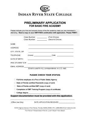 Fillable Online irsc Preliminary application for basic fire academy ...