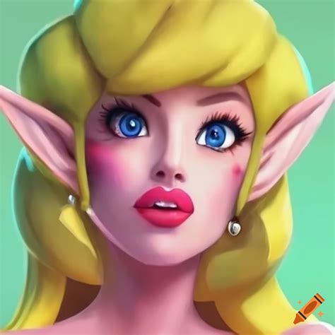 Link cosplaying as Princess Peach applying makeup on Craiyon