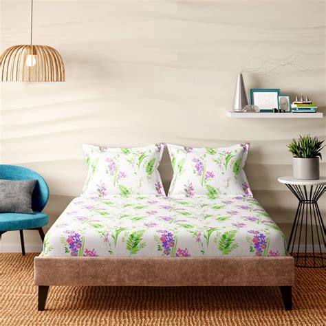 Buy PORTICO Emerald White Floral Printed Cotton Super King Bedsheet Set ...