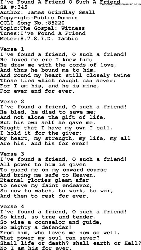 Salvation Army Hymnal Song: I've Found A Friend O Such A Friend, with ...