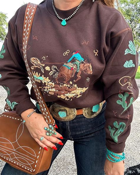 Brown Western Retro Stretch Cowboy Embroidery Pullover Sweatshirt – Tilame