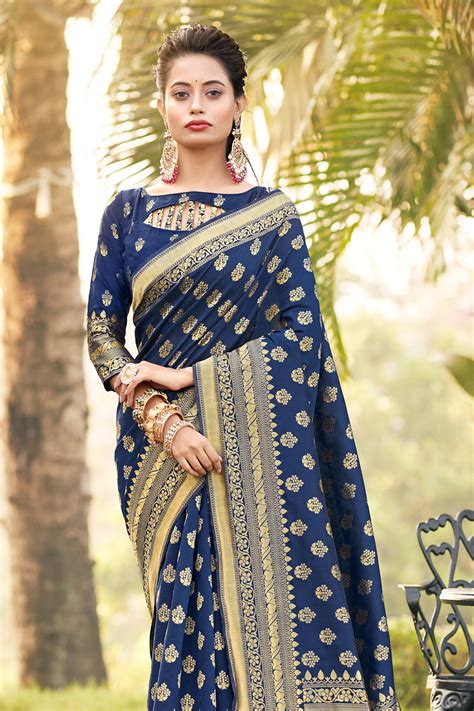 Buy Navy Blue Banarasi Silk Saree 46026 Online | Karagiri