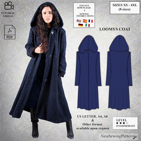 Hooded coat pattern Winter coat pattern Long coat sewing pattern Flared ...
