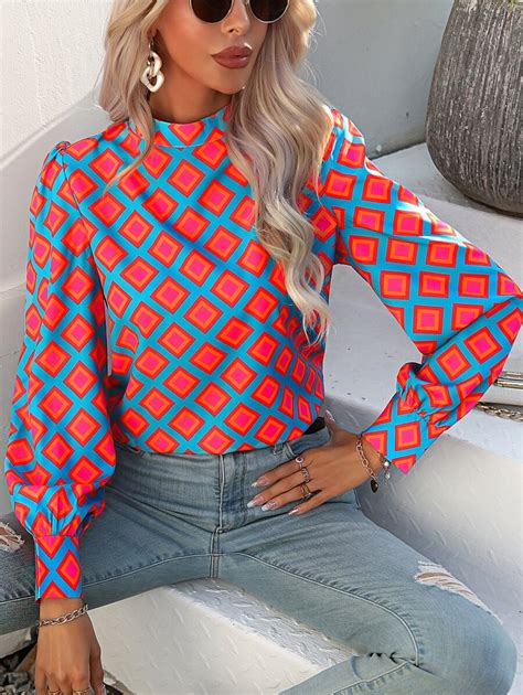 EMERY ROSE Geo Print Mock Neck Puff Sleeve Blouse,Long Sleeve Tops ...