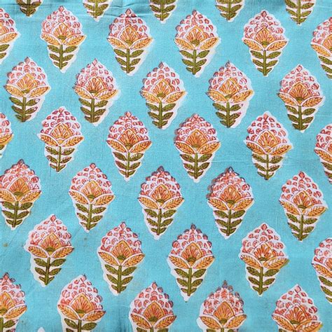 Pure Cotton Jaipuri Blue With Orange Flower Motif Hand Block Print Fab ...