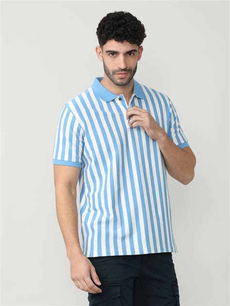 Royal Blue Pique Lycra Verticle Stripes Polo T-shirt With Constrast Co ...