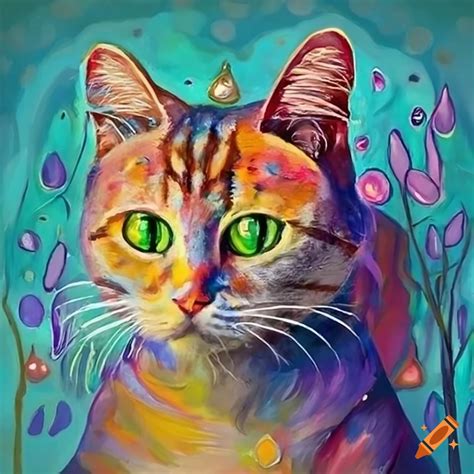 Whimsical cat painting in art nouveau style
