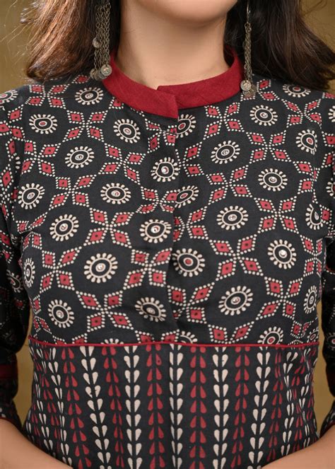 Black And Red Ajrakh Combination Top with Maroon Chinese Collar – Sujatra