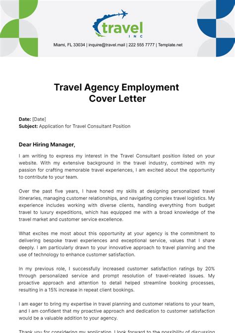 Free Travel Agency Employment Cover Letter Template to Edit Online