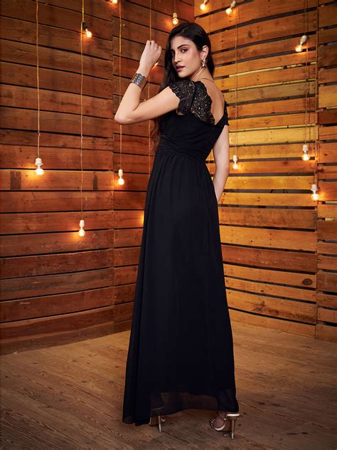 Women Solid Black Sweetheart Neck Lace-Up Thigh-High Slit Flared Maxi ...