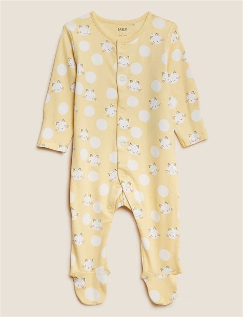 Buy 3pk Cotton Rich Cat Print Sleepsuits at Marks & Spencer
