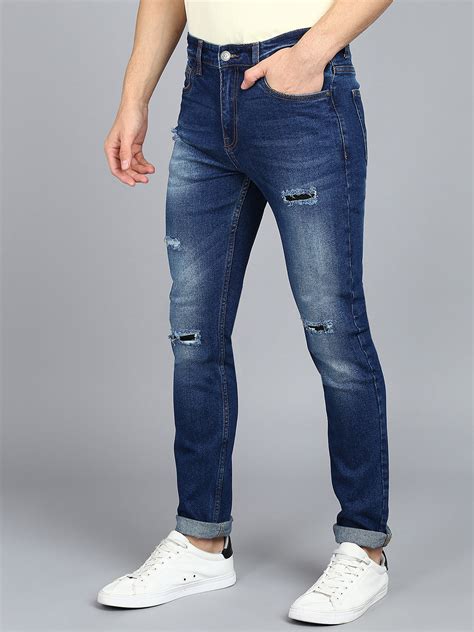 Men's Blue Slim Fit Heavy Washed Mild Distressed Jeans Stretchable ...