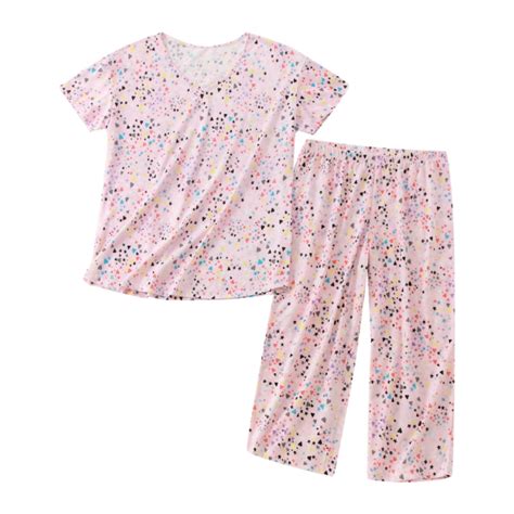 Women Cotton Pajamas Set Short Sleeve Top Capri Pants Sleepwear Plus ...